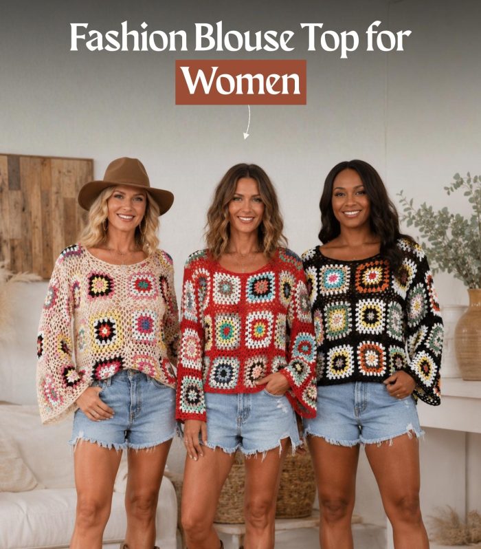 Colorful Crochet Granny Square Top Women Boho Pullover Sweater Long Sleeve Vintage Festival S M L XL 38.2in