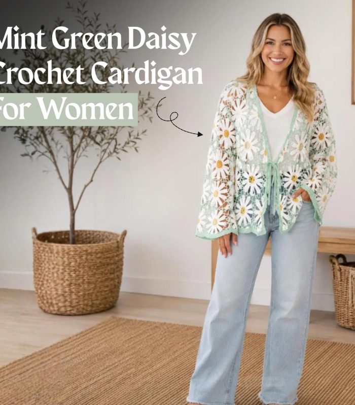 Mint Green Daisy Crochet Cardigan Women V Neck Tie Front Long Sleeve Boho Beach One Size 16.93in