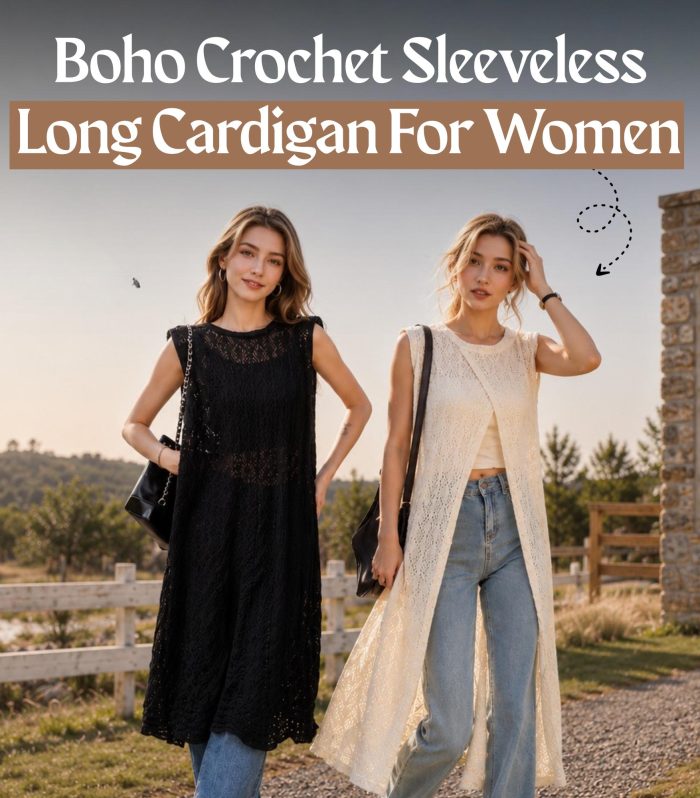 Boho Crochet Sleeveless Cardigan Women Long Open Front Vest Cover Up Ivory Black S-3XL 43in