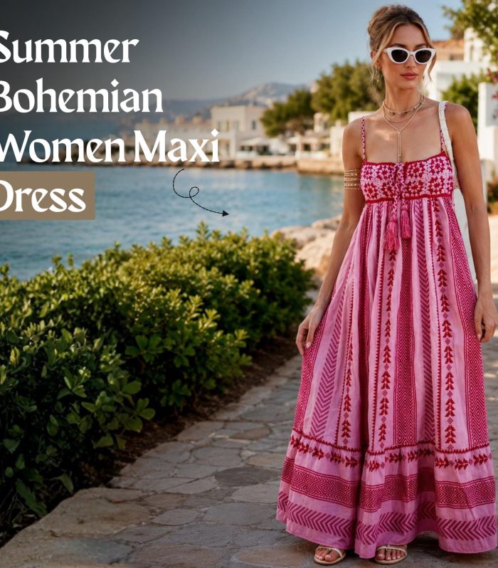 Pink Bohemian Floral Geometric Maxi Dress Women Spaghetti Strap Square Neck Smocked Empire Waist Flowy A‑Line Vacation Beach Resort Dress