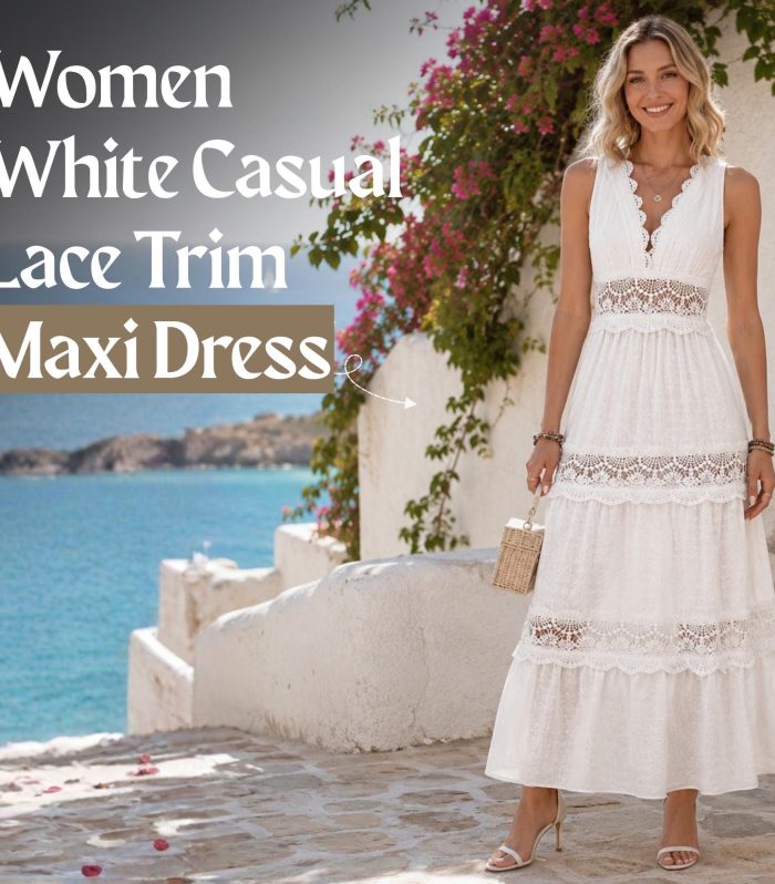 White Lace Trim Maxi Dress Women Deep V Neck Sleeveless Crochet Empire Waist Tiered Flowy Summer Beach Vacation Resort Boho Dress 51in