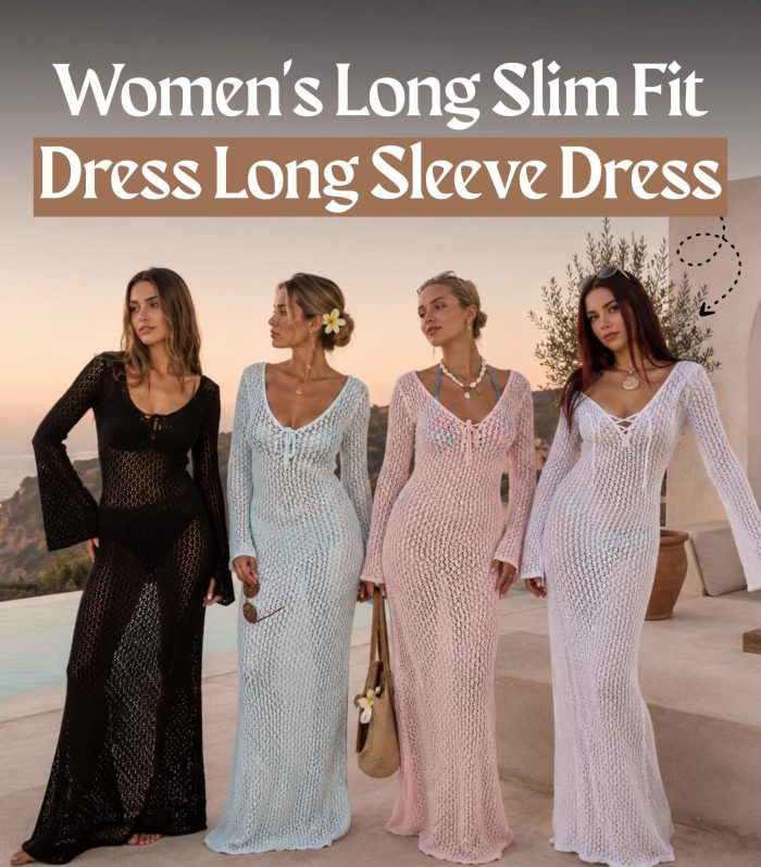 Lace‑Up Crochet Maxi Dress Women Long Sleeve Deep V Neck Slim Fit Bodycon Beach Cover Up Black White Blush Pink Vacation Resort
