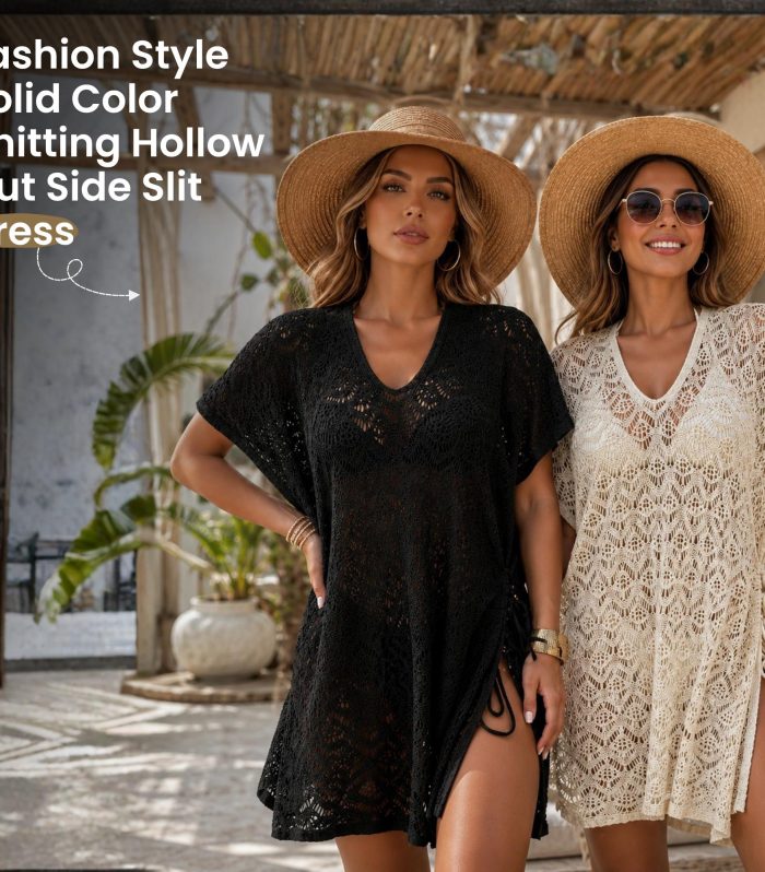 Crochet Beach Cover Up Dress, Hollow Out Swim Cover Up, Summer Knit Resort Wear, V-Neck Bikini Cover