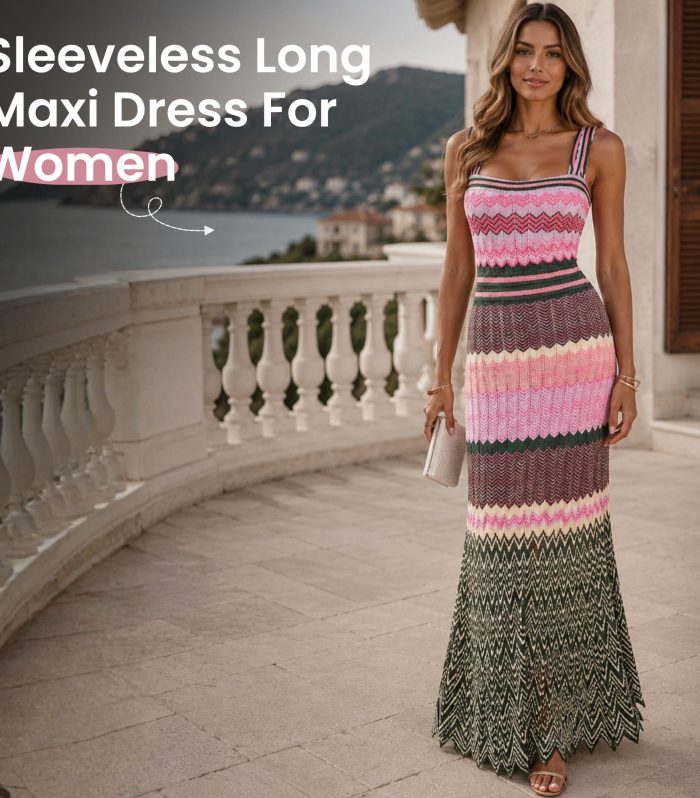Boho Zigzag Knit Maxi Dress, Colorful Sleeveless Resort Wear, Geometric Summer Vacation Dress for Women