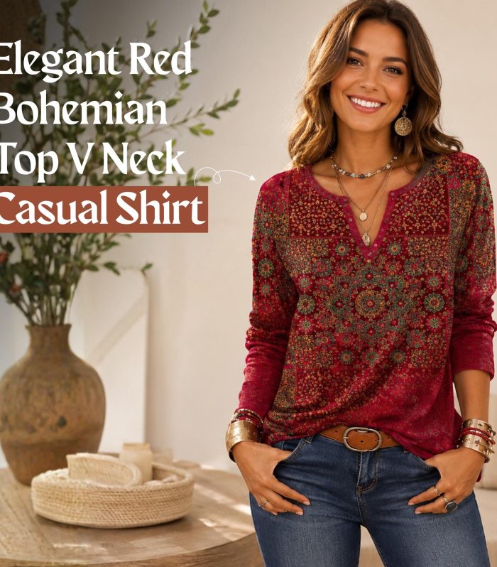 Red Bohemian Floral V Neck Top Women Long Sleeve Blouse Mandala Print Casual Vintage Fall M L XL 25.6in