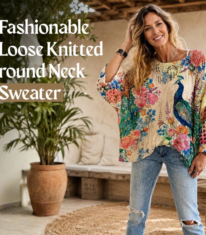 Peacock Crochet Sweater Women Boho Floral Print 3/4 Sleeve Round Neck Lightweight Loose Fit S M L XL Vacation