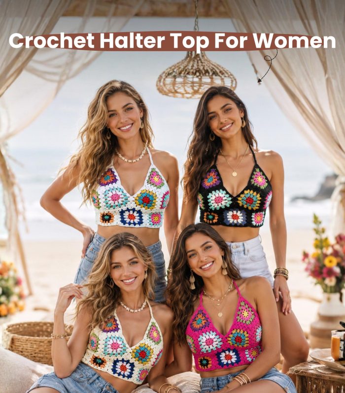 Crochet Halter Top Women, Granny Square Crop Top, Boho Festival Top, Floral Crochet Bralette, Summer Beach Outfit, Y2K Top
