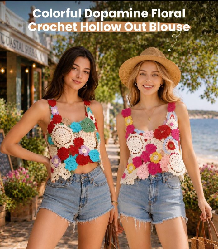 Colorful Floral Crochet Tank Top, Flower Knit Cami, Hollow Out Summer Top, Boho Beach Crop Top, Vacation Outfit