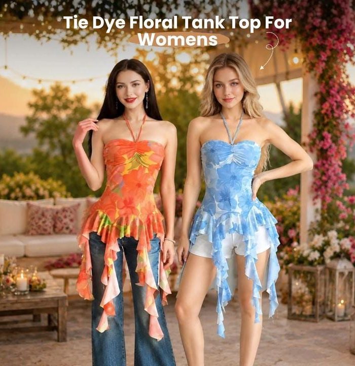 Tie Dye Floral Halter Top Women, Ruffle Hem Cami Top, Summer Tank, Beach Vacation Blouse, Sleeveless Floral Top