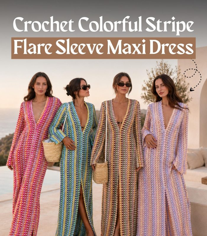 Colorful Striped Crochet Maxi Dress Women Deep V Neck Long Flare Sleeve Boho Beach Resort Vacation 57.5in S M L Ivory Black