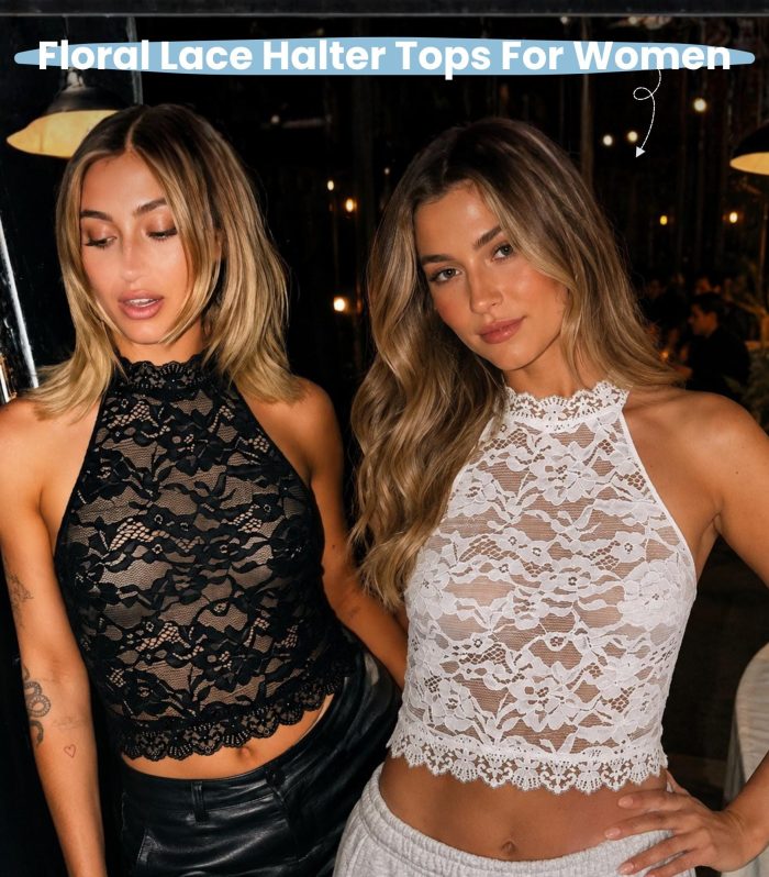 White Floral Lace Halter Neck Crop Top Women Slim Fit Scalloped Hem Sleeveless Semi‑Sheer Summer Party Date Night Vacation Resort