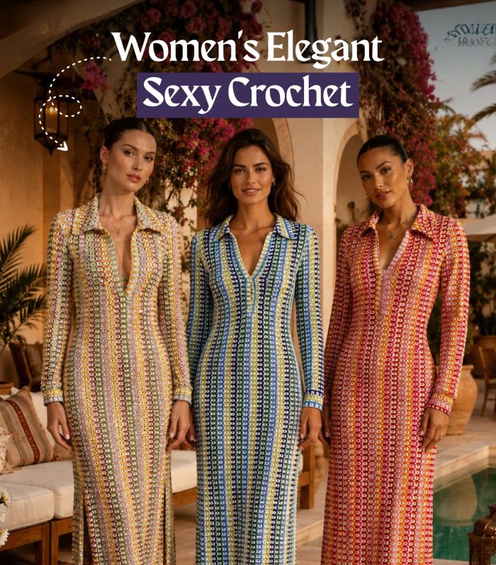 Striped Crochet Maxi Dress Women Deep V Neck Long Sleeve Bodycon See Through Cover Up Beach Resort Multicolor Beige Blue Red