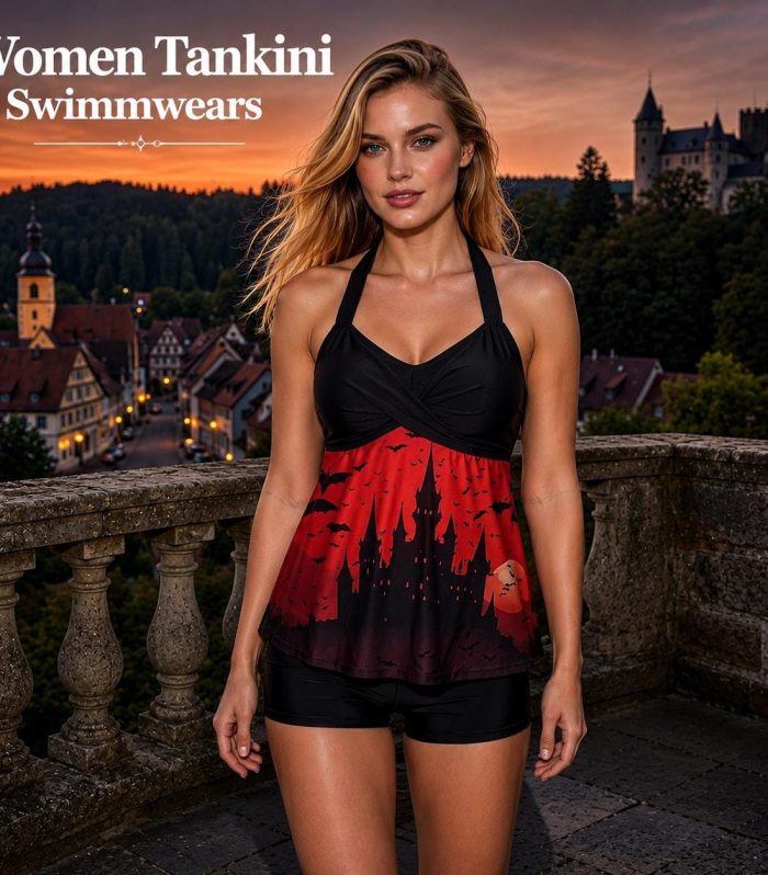 Halloween Castle Tankini Swimsuit Women Two Piece Bat Print Swimwear Gothic Beach Set Spooky Halter Top Boyshort Bottom Pool Vacation
