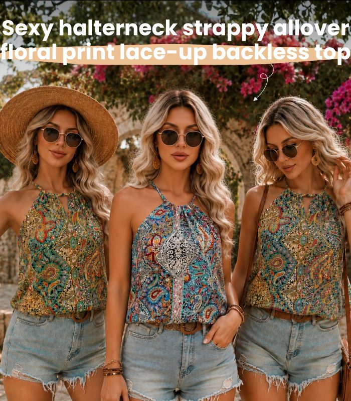 Floral Halter Top Women, Boho Paisley Summer Top, Backless Lace Up Blouse, Sleeveless Beach Top, Vacation Outfit Women