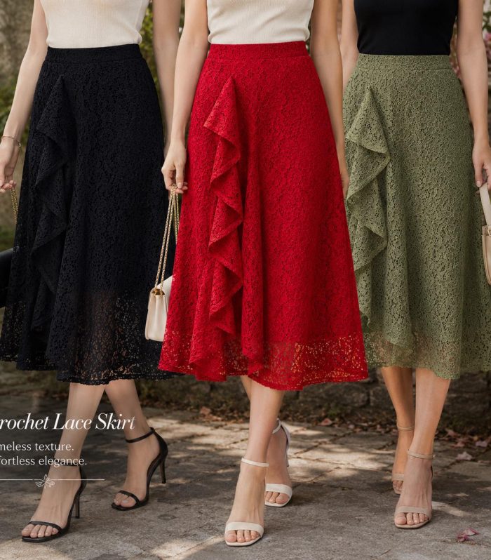 Crochet Lace Skirt Women High Waist Asymmetrical Ruffle Wrap Midi Beach Resort Red White Black