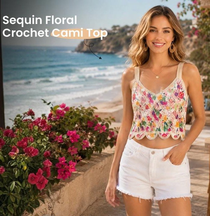 Floral Embroidered Cami Top, Crochet Inspired Crop Tank, V Neck Knit Camisole, Summer Beach Top, Cottage Garden Vacation Outfit