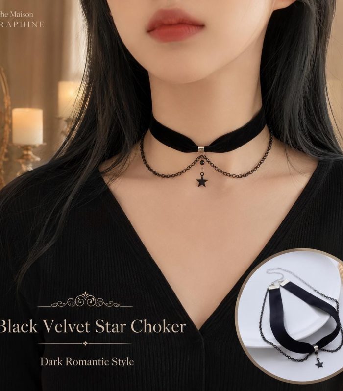 Black Velvet Star Choker Necklace, Gothic Layered Chain Collar, Adjustable Dark Romantic Jewelry for Women Halloween Concert Festival Gift