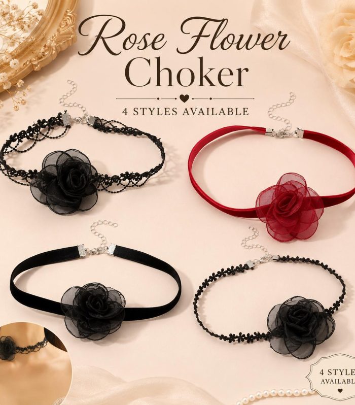 Rose Flower Velvet Choker Necklace, Gothic Floral Lace Collar, Adjustable Black Red Romantic Party Jewelry for Wedding Cosplay Gift Look