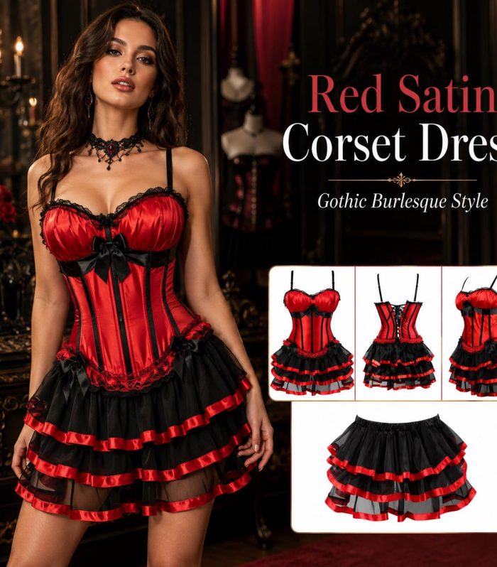 Red Satin Overbust Corset Set Women's Sweetheart Bustier and Layered Ruffle Skirt Gothic Burlesque and Halloween Costume Party Essential