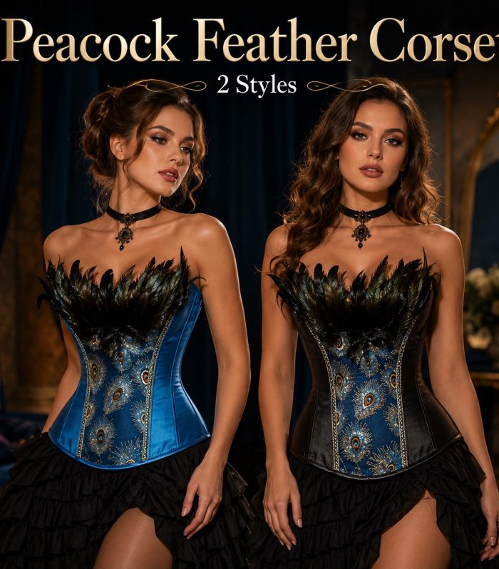 Peacock Feather Overbust Corset Blue and Black Satin Bustier with Steel Boning Gothic Burlesque and Cosplay Stage Essential Women's Fashion