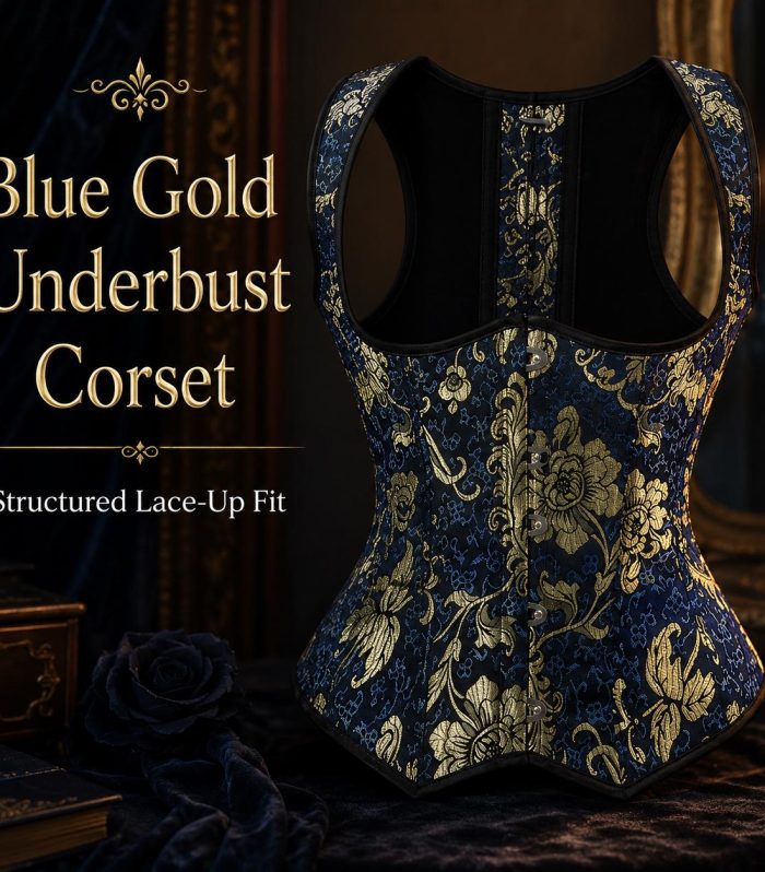Blue Gold Underbust Corset Women Steel Boned Brocade Waist Cincher Gothic Steampunk Victorian Bustier With Shoulder Straps Costume