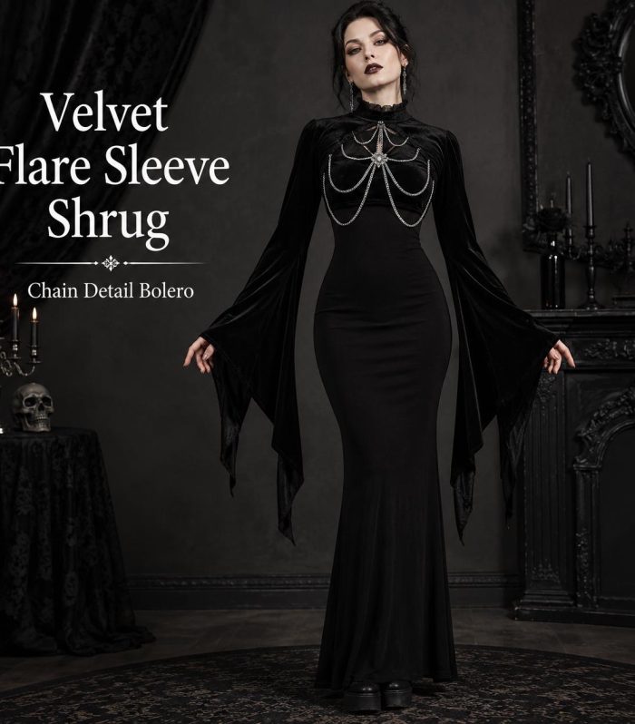 Black Velvet Bolero Shrug Gothic Flare Bell Sleeves Lace Collar Chain Detail Crop Top Halloween Witch Vampire Cosplay Layering Cardigan