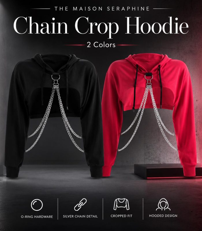 Black Chain Crop Hoodie Gothic Streetwear Pullover O-Ring Hardware Crop Top Red Loose Sweatshirt Punk Grunge Concert Outfit