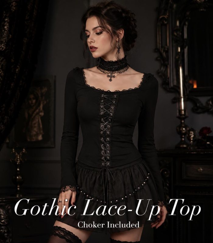 Gothic Lace-Up Top With Choker Black Long Sleeve Square Neck Crop Top Corset Front Dark Academia Witchy Alternative Fashion