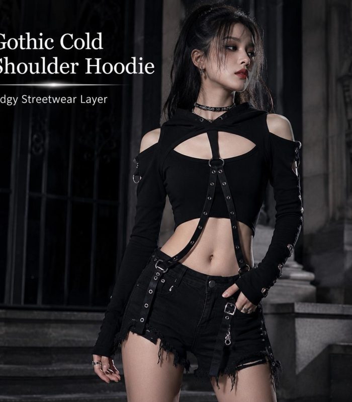 Cold Shoulder Hooded Crop Top Gothic O-Ring Harness Strap Punk Grunge Techwear Streetwear Concert Clubwear Outfit