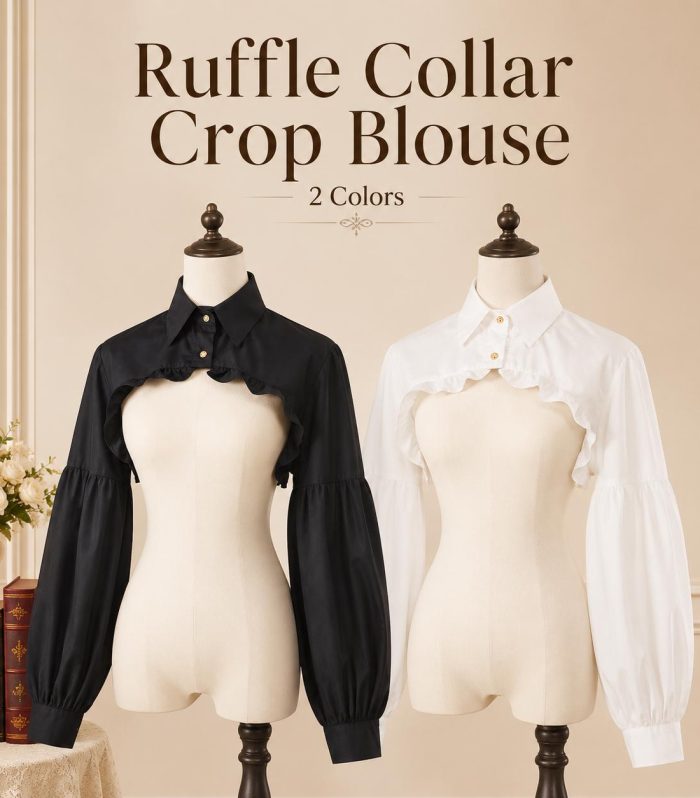 Ruffle Collar Crop Blouse Black White Long Lantern Sleeve Victorian Gothic Dark Academia Layering Top Cottagecore Lolita Shirt