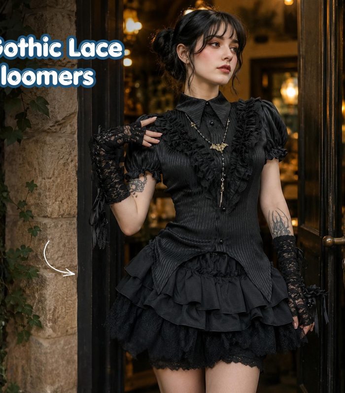 Black Gothic Lace Bloomers, Ruffle Pumpkin Shorts, Elastic Waist Lolita Shorts, Victorian Inspired Festival Bottoms, Women’s Goth Clothing