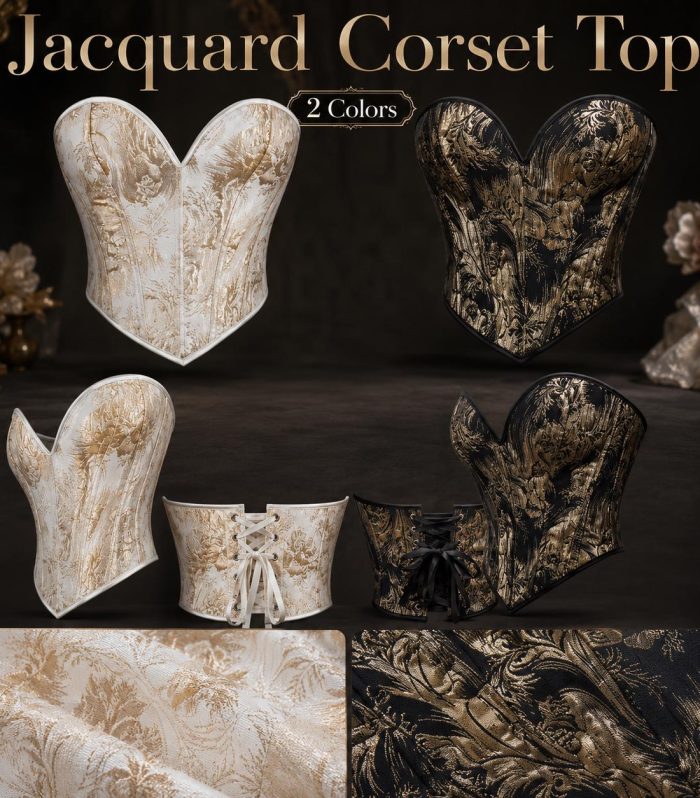 Jacquard Sweetheart Corset Top Ivory and Black Gold Boned Bustier Steampunk Victorian and Gothic Costume Adjustable Lace-Up Essential Wear