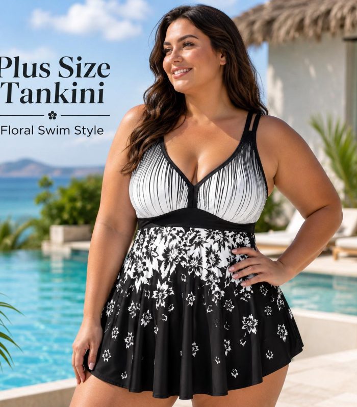 Women's Plus Size Floral Tankini Swimsuit Skirted Bottom with Removable Padded Cups Beach Resort and Summer Vacation Essential Swimwear