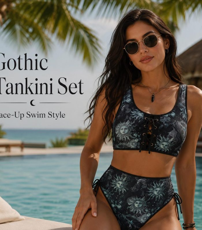 Sun Moon Print Gothic Bikini Set Lace-Up Swimsuit High Waisted Two Piece Swimwear Celestial Beachwear Black Grey Side